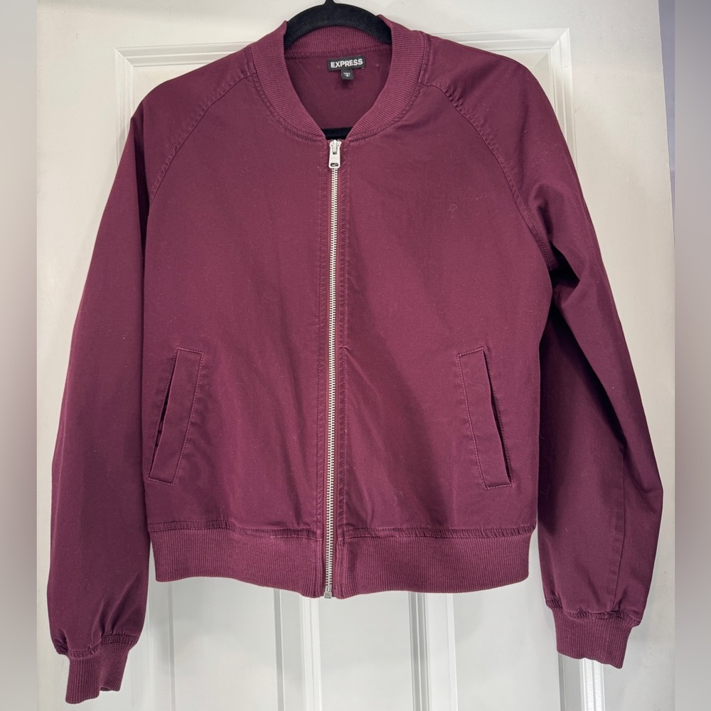 Express Women’s Burgundy Zip Bomber Jacket, retro funky aviator punk hip boho